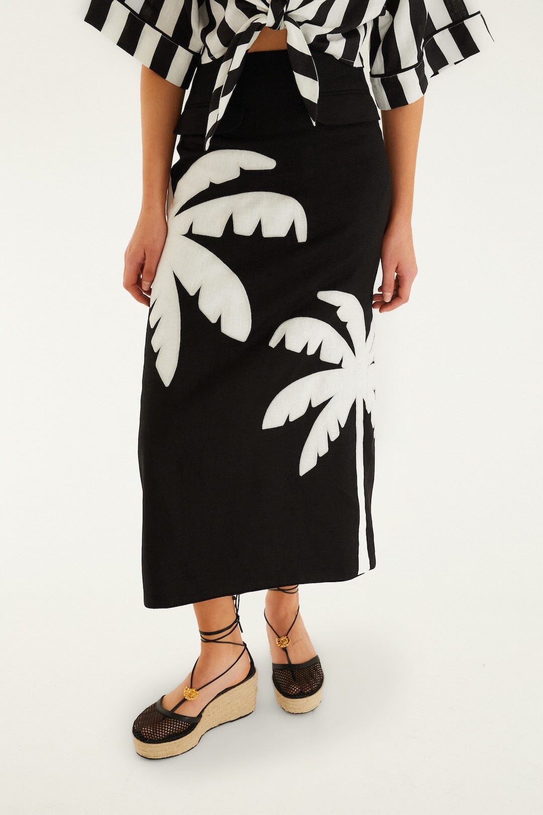 Black Embroidered Palm Tree Maxi Skirt