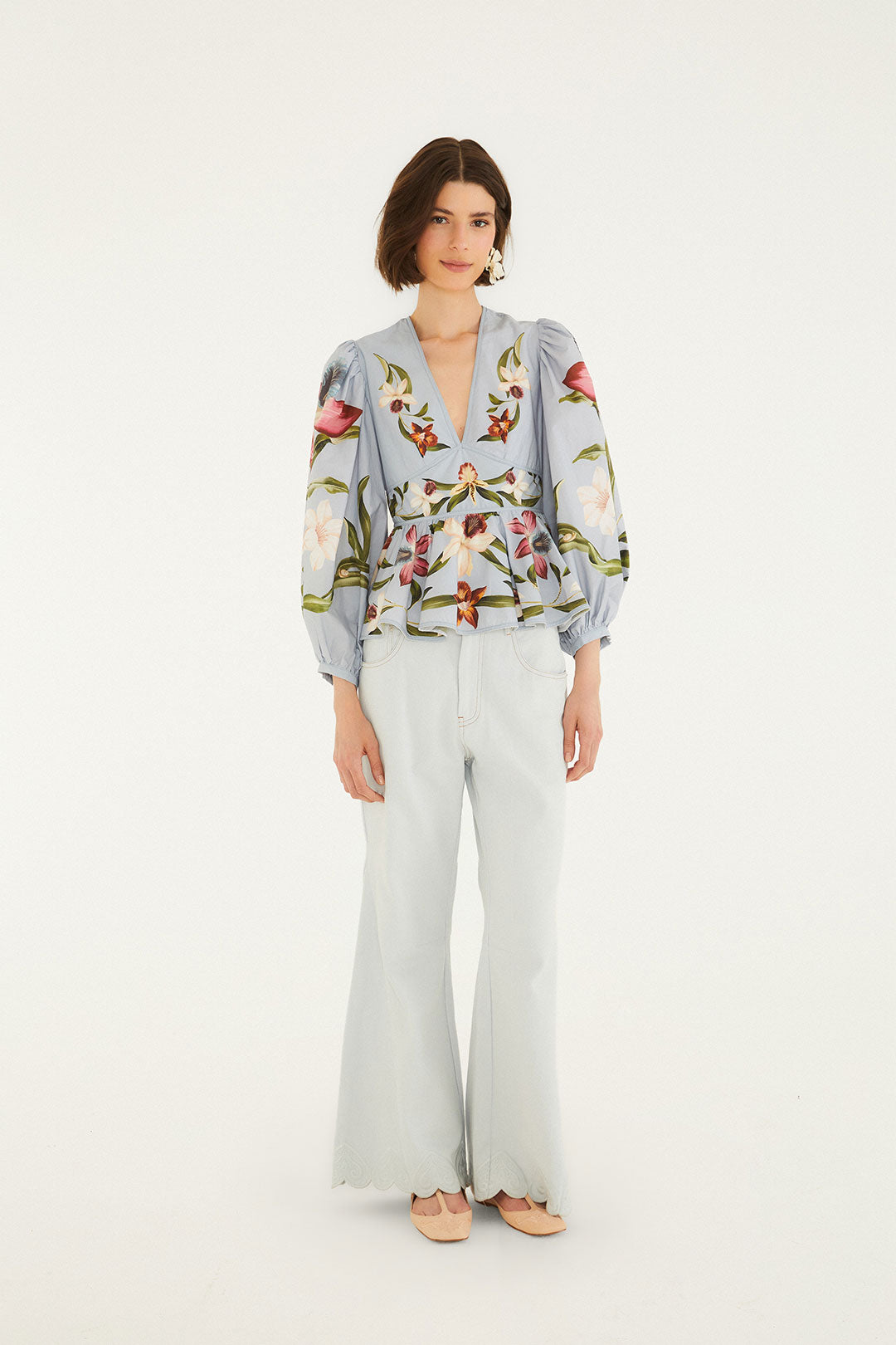 FLOWERS JUNGLE SOFT BLUE BLOUSE