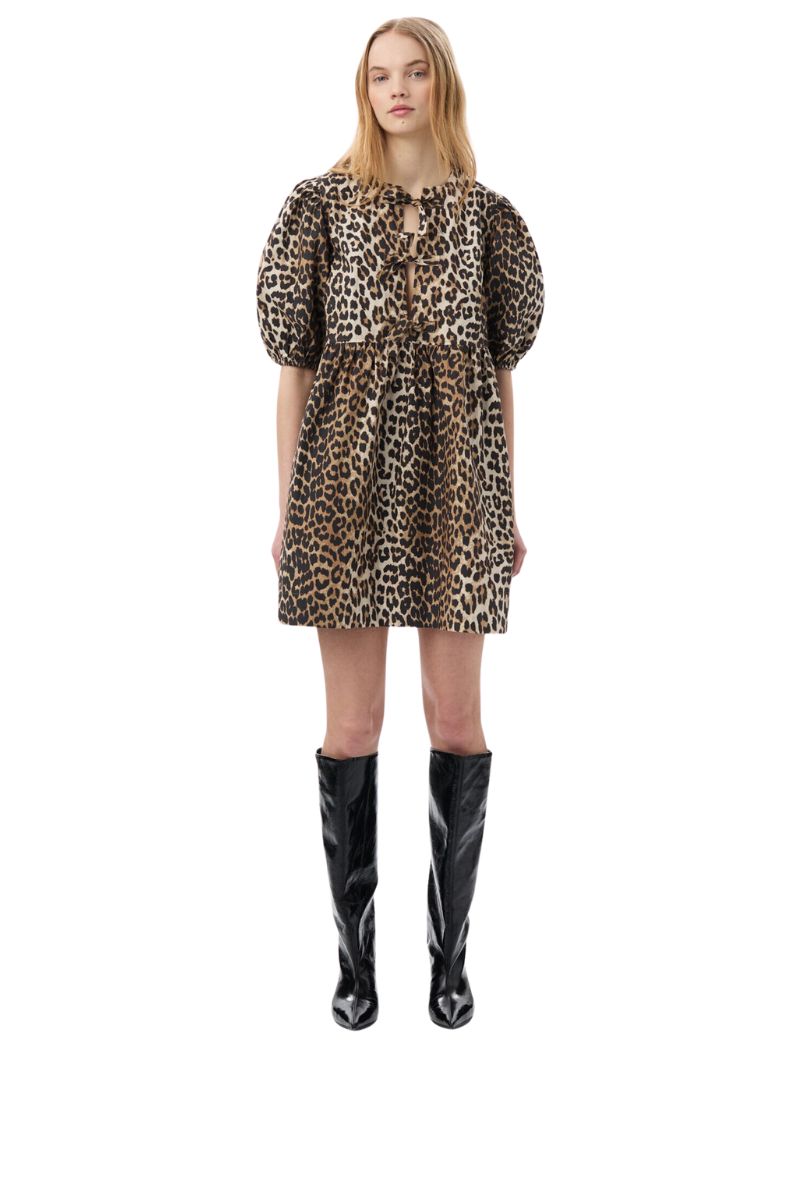 ganni tie string mini dress Printed Cotton Tie String Mini Dress