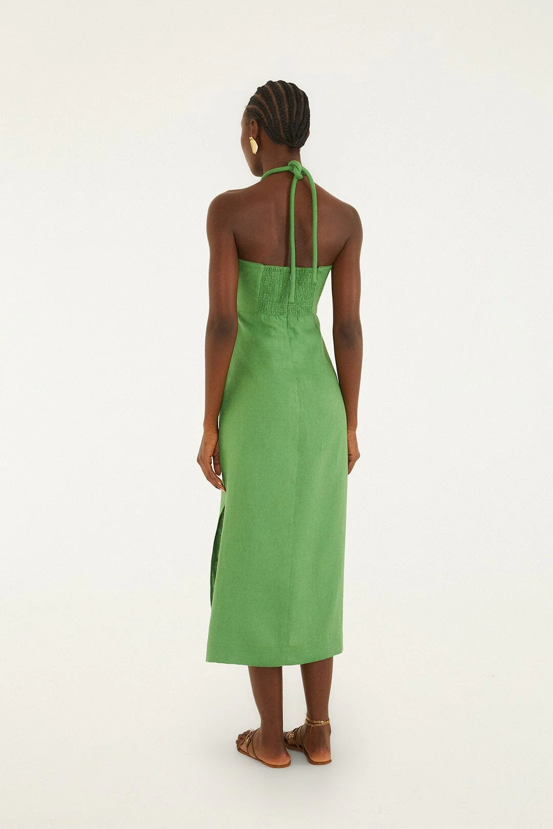 Green Palm Tree Embroidery Sleeveless Midi Dress