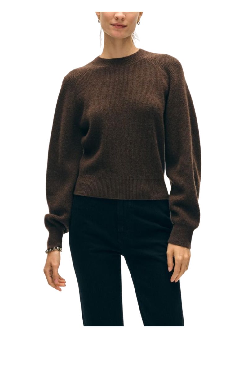 Cashmere Ribbed Blouson Sleeve Crewneck