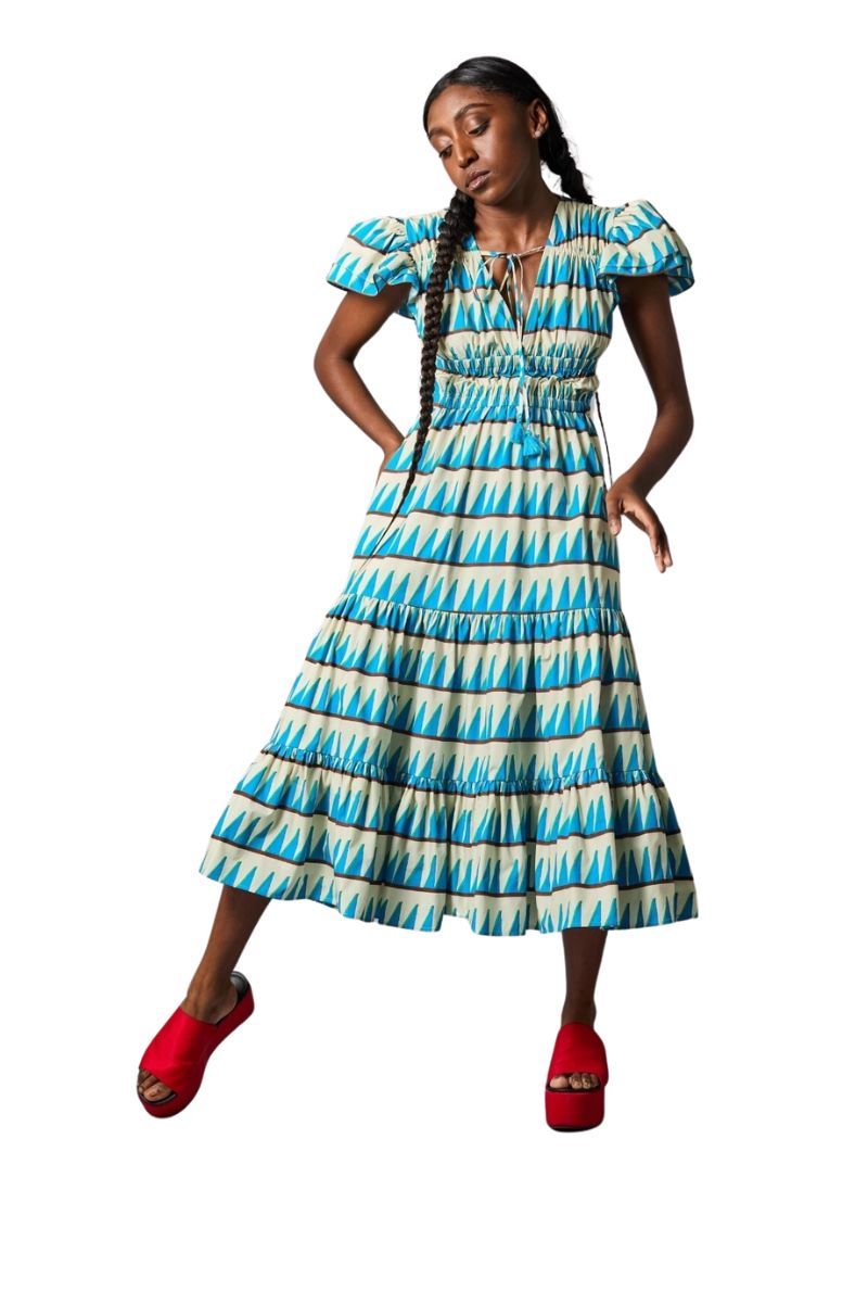 knee length dresses for ladies Shirred Bodice Tiered Peasant Midi Dress