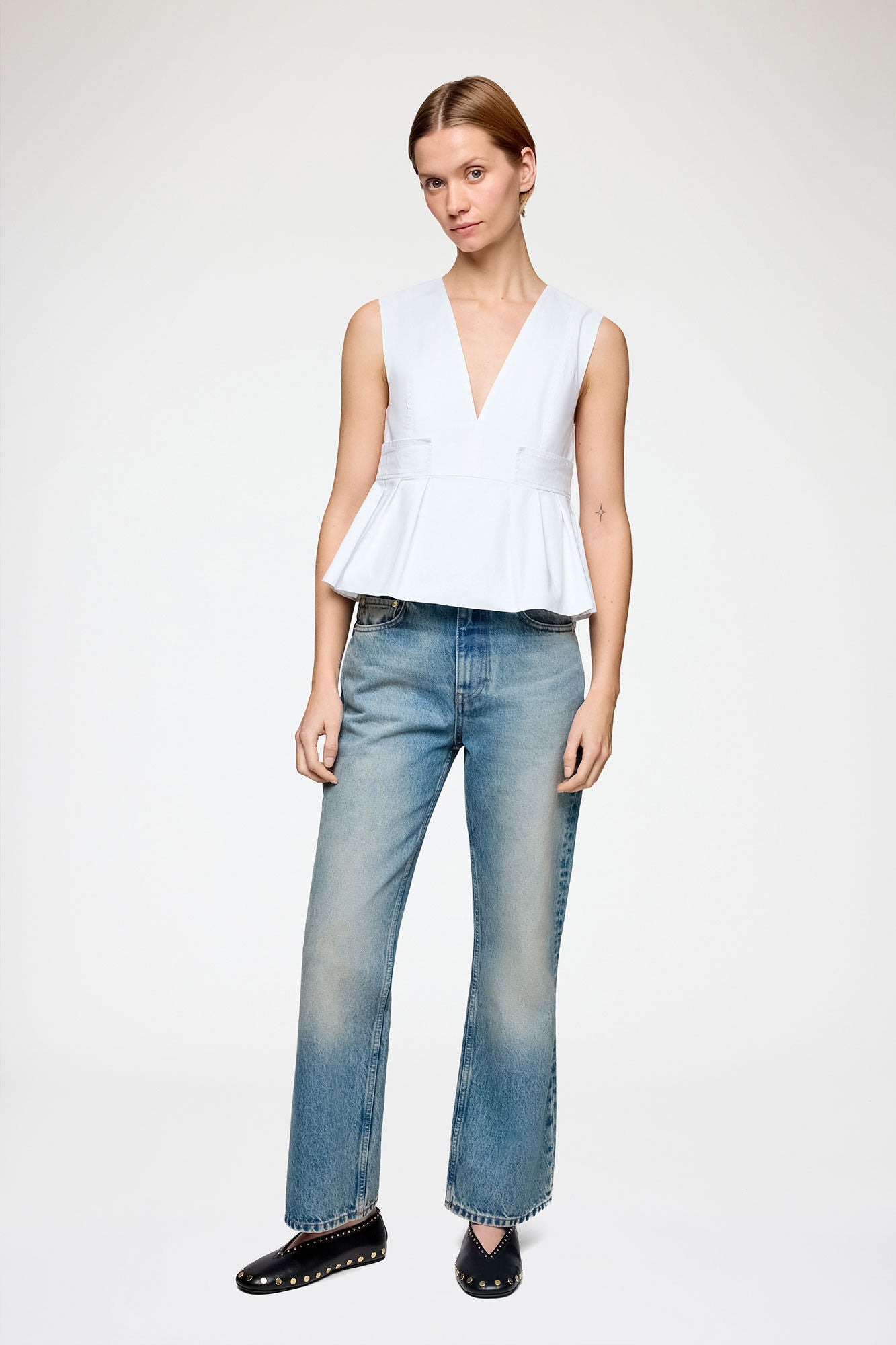 Stretch Cotton V-Neck Pocket Blouse