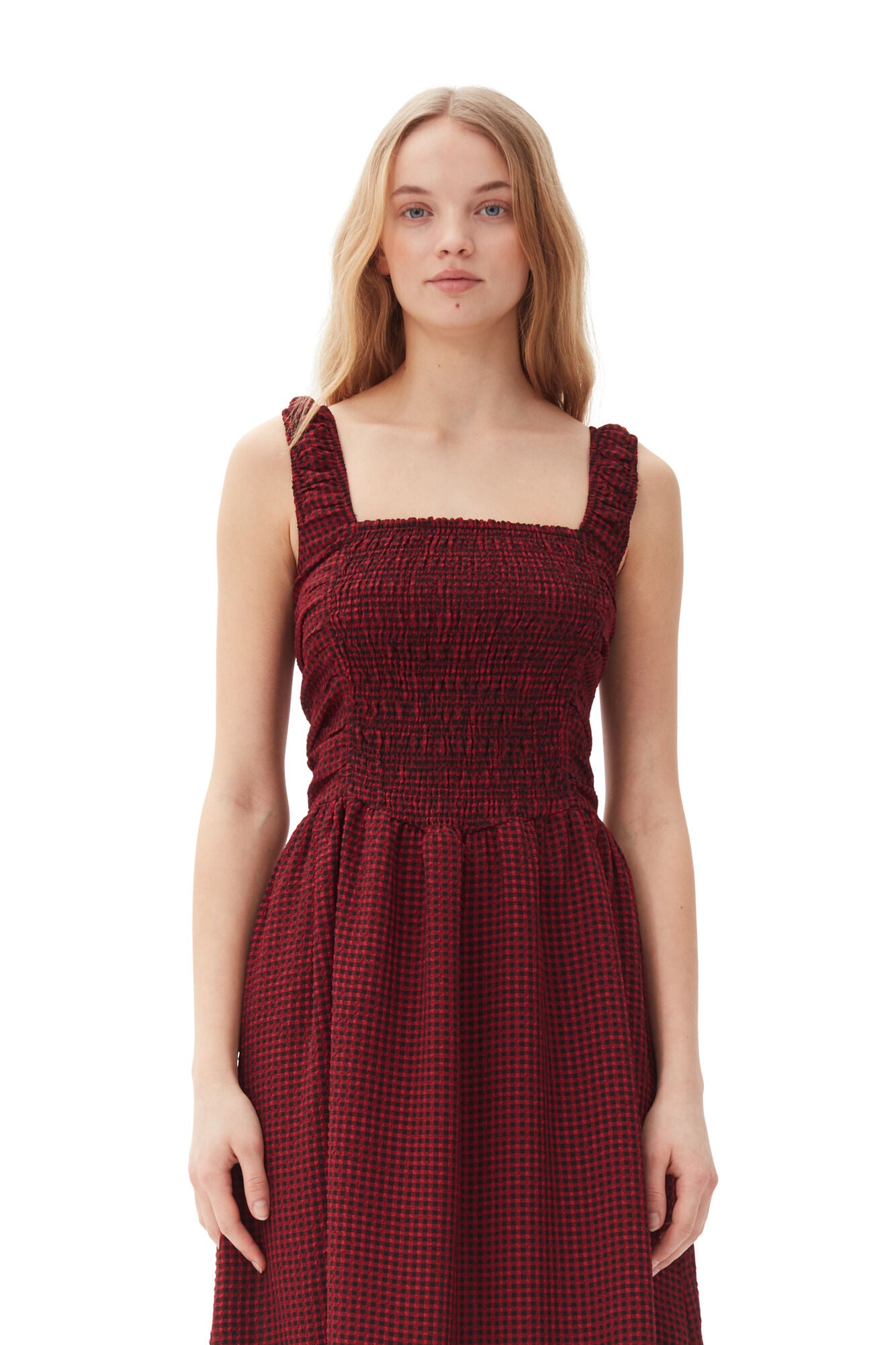 Sheer Fluid Check Midi Strap Smock Dress