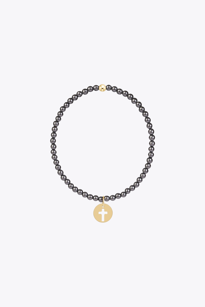 Classic Pearl Dark Grey 3mm Bracelet Blessed Gold Disc
