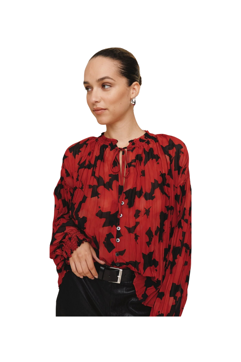 Long Sleeve Pleated Smocked Button Down