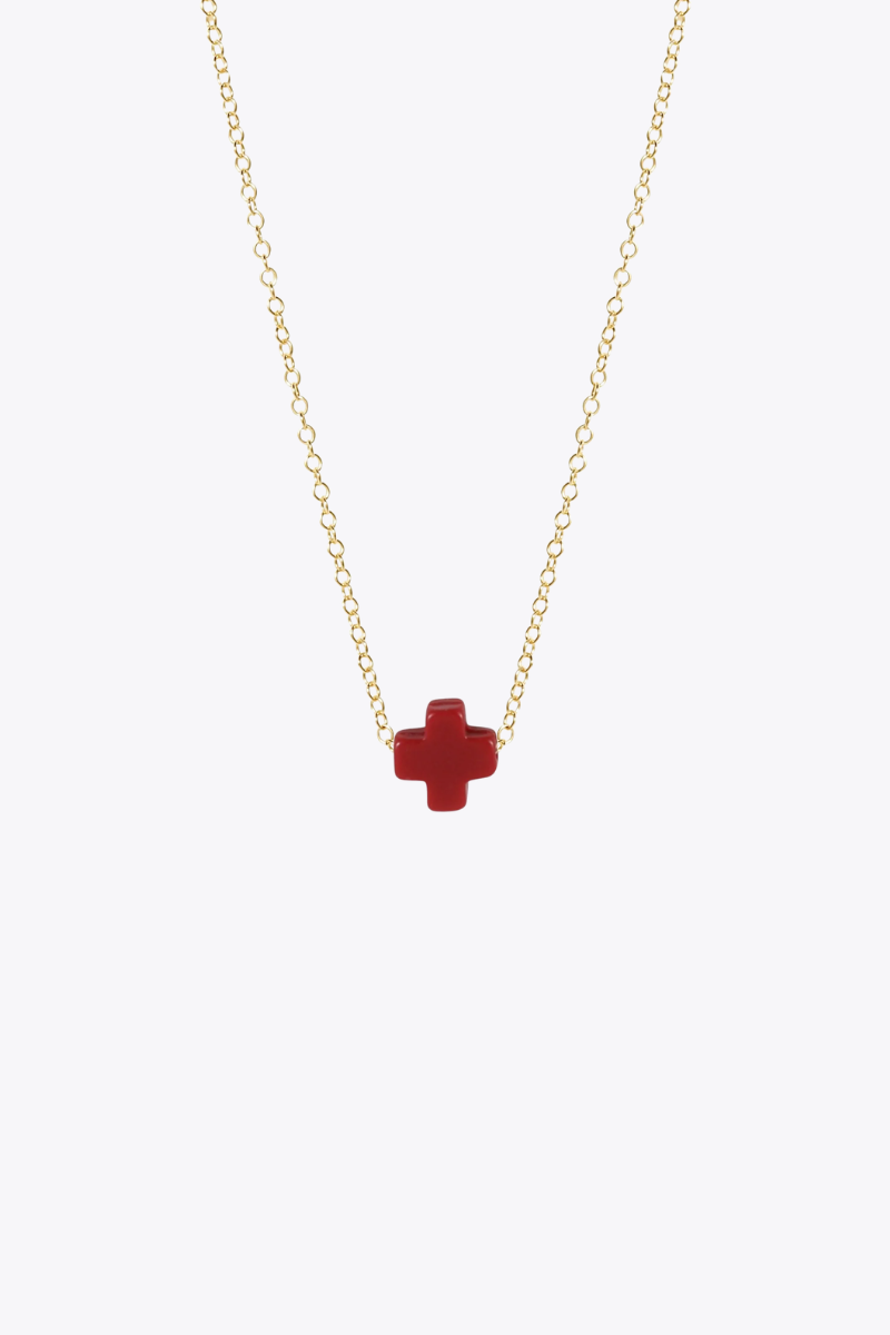 16" Necklace Gold - Signature Cross Small Red