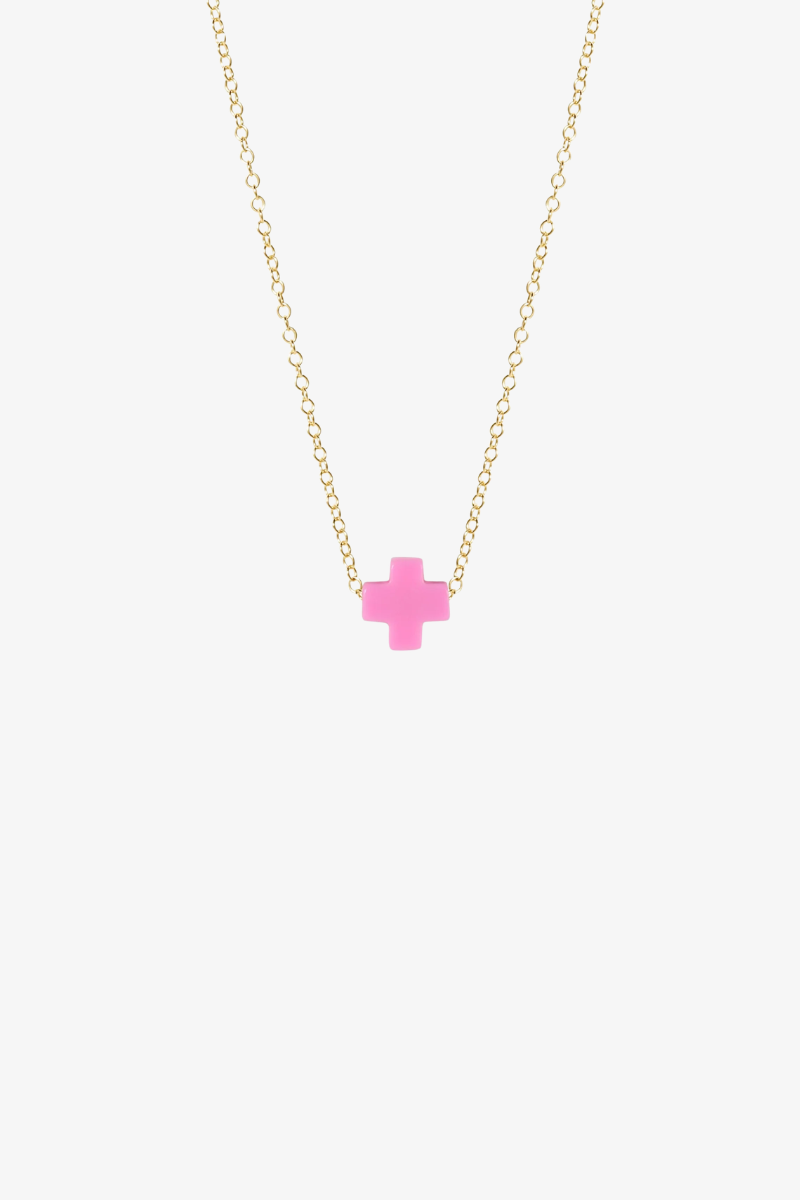 16" Necklace Gold - Signature Cross Small Bright Pink