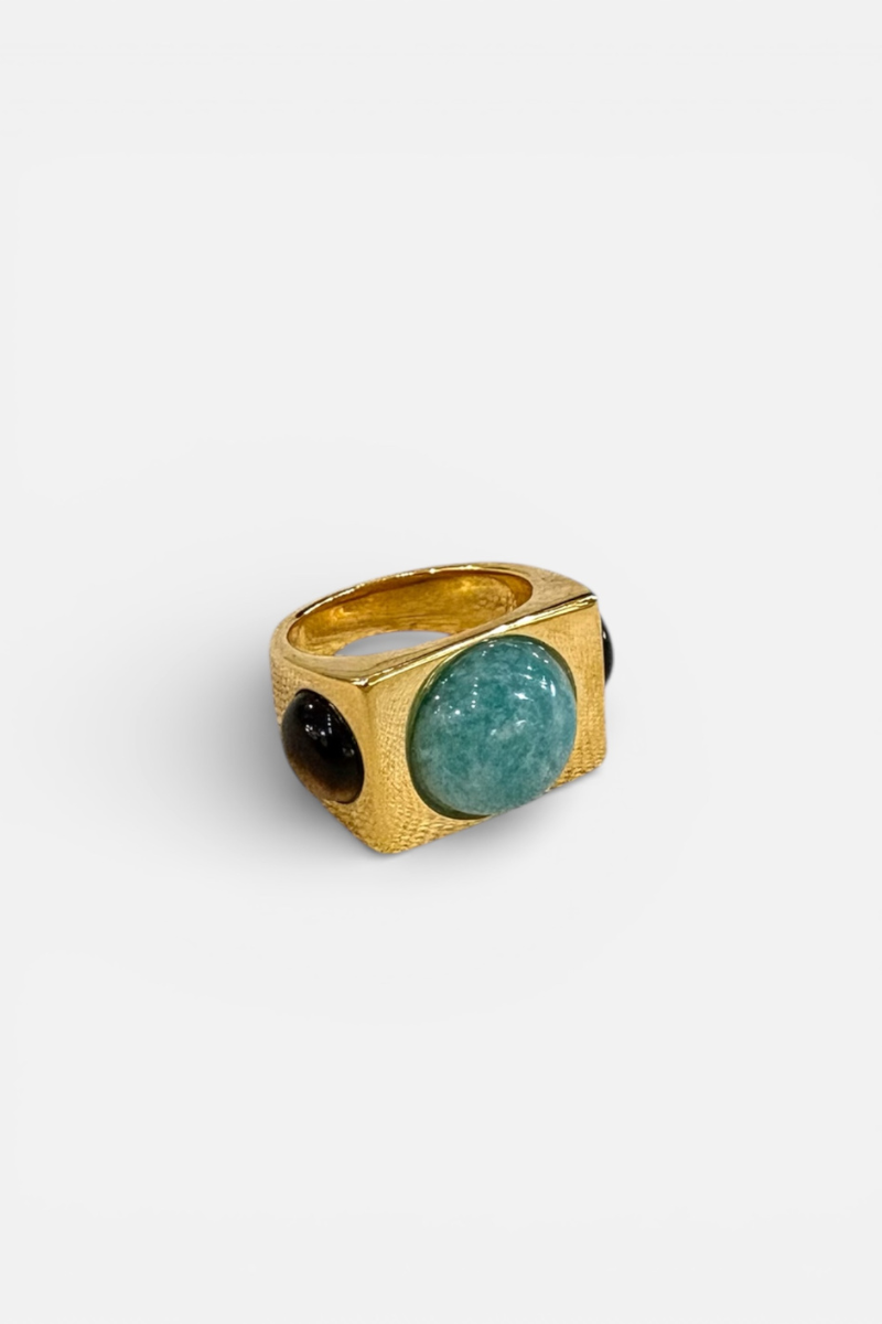 Gold Round 3 Stone Amazonite and Tiger Eye Ring