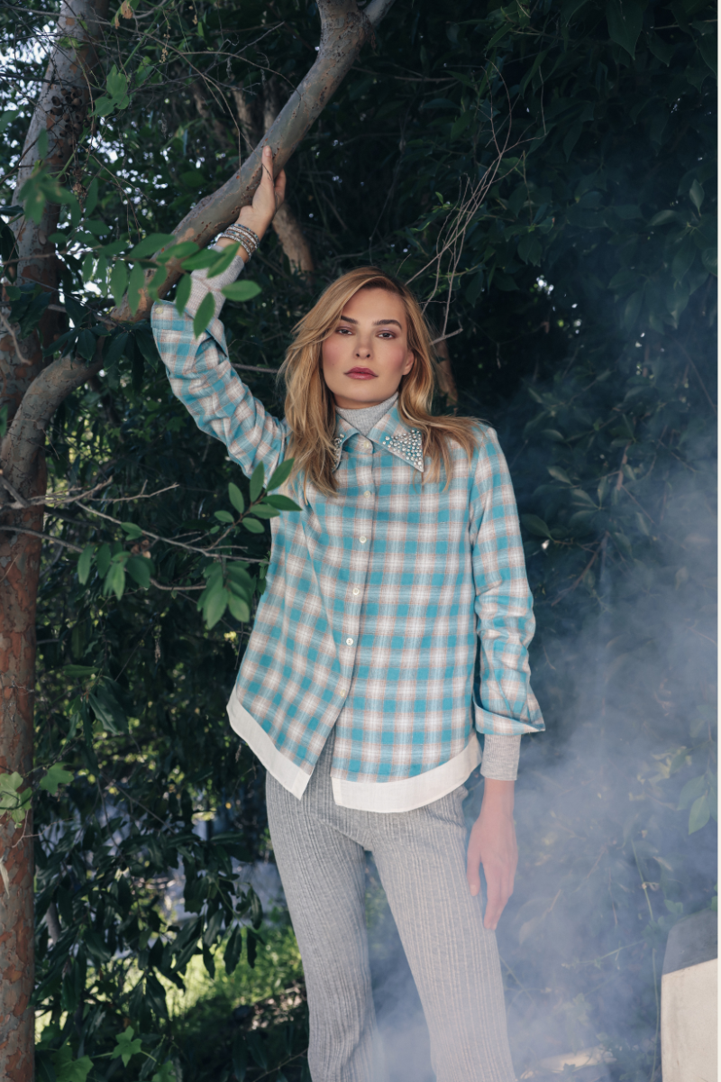 Europa Plaid Flannel Beaded Collar Shirt