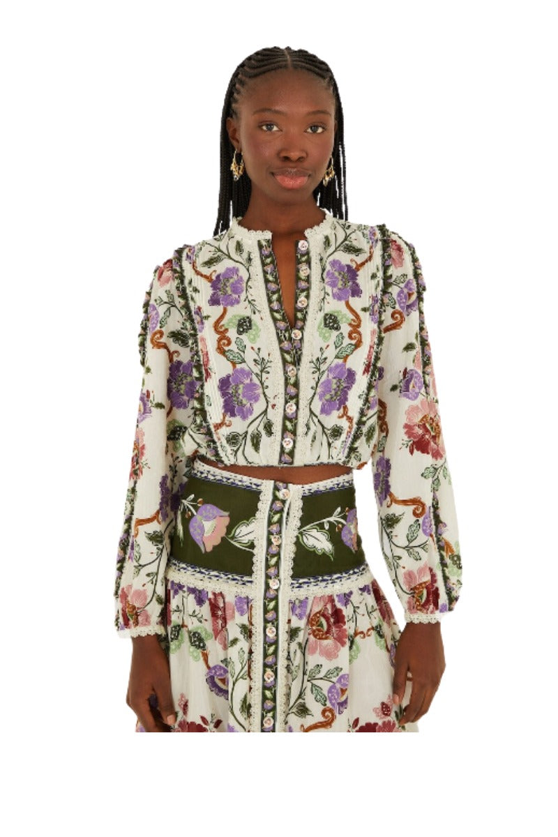 Rococo Flowers Cream Long Sleeve Blouse