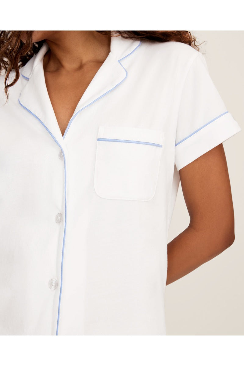 Pima Short Sleeve Short Set in White with Periwinkle Piping