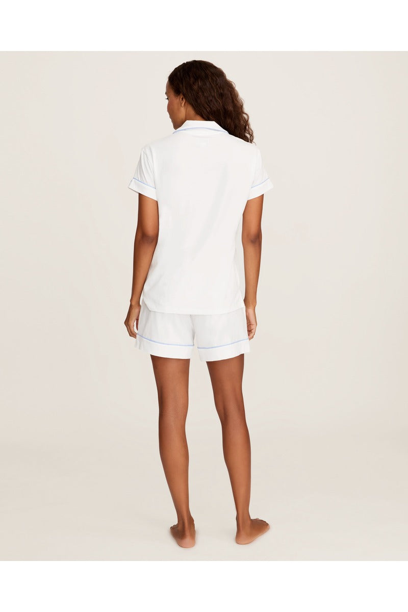 Pima Short Sleeve Short Set in White with Periwinkle Piping