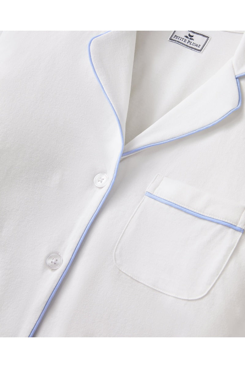 Pima Short Sleeve Short Set in White with Periwinkle Piping