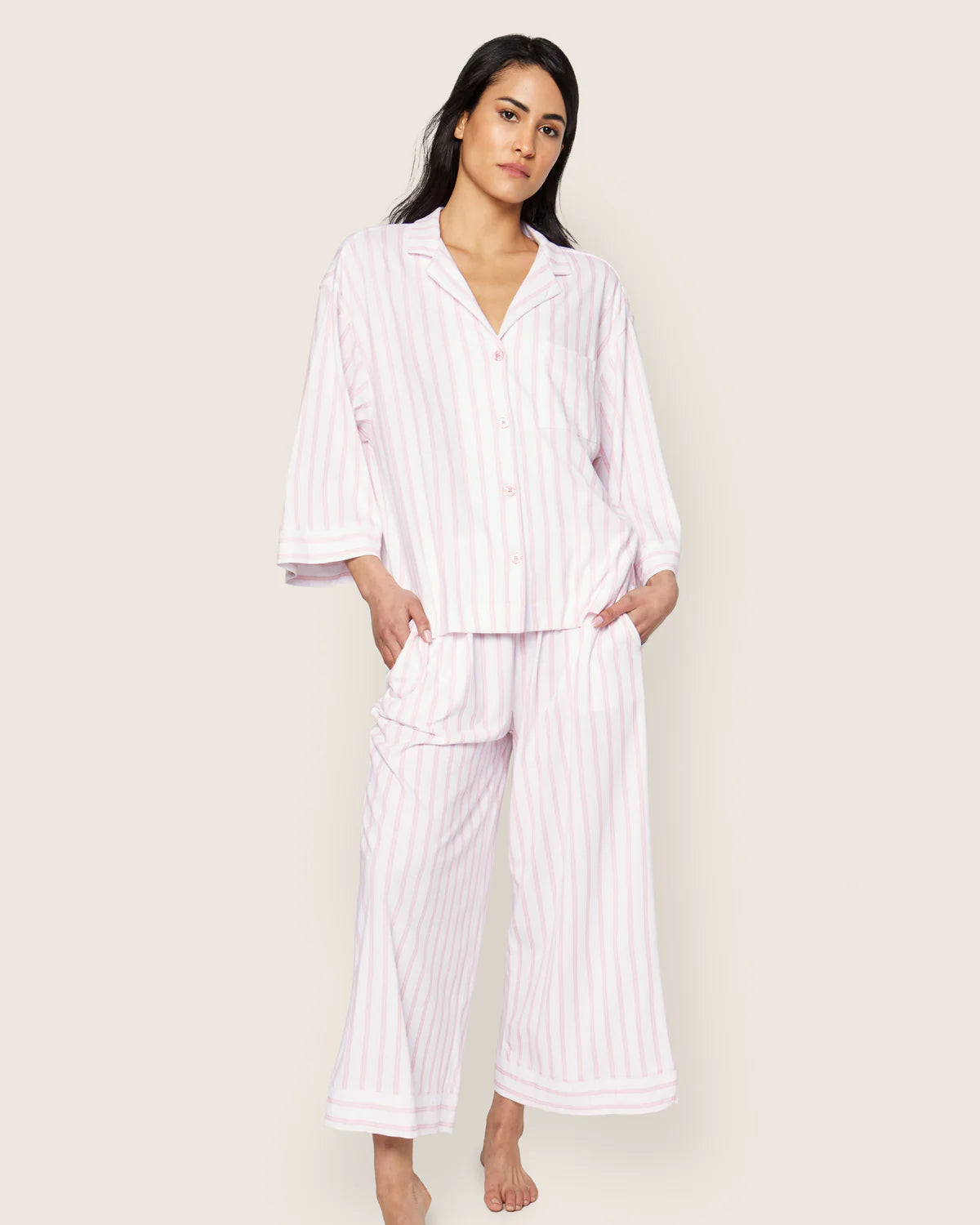 The Olivia Wide Leg Pima Pajama Set Pink Stripe