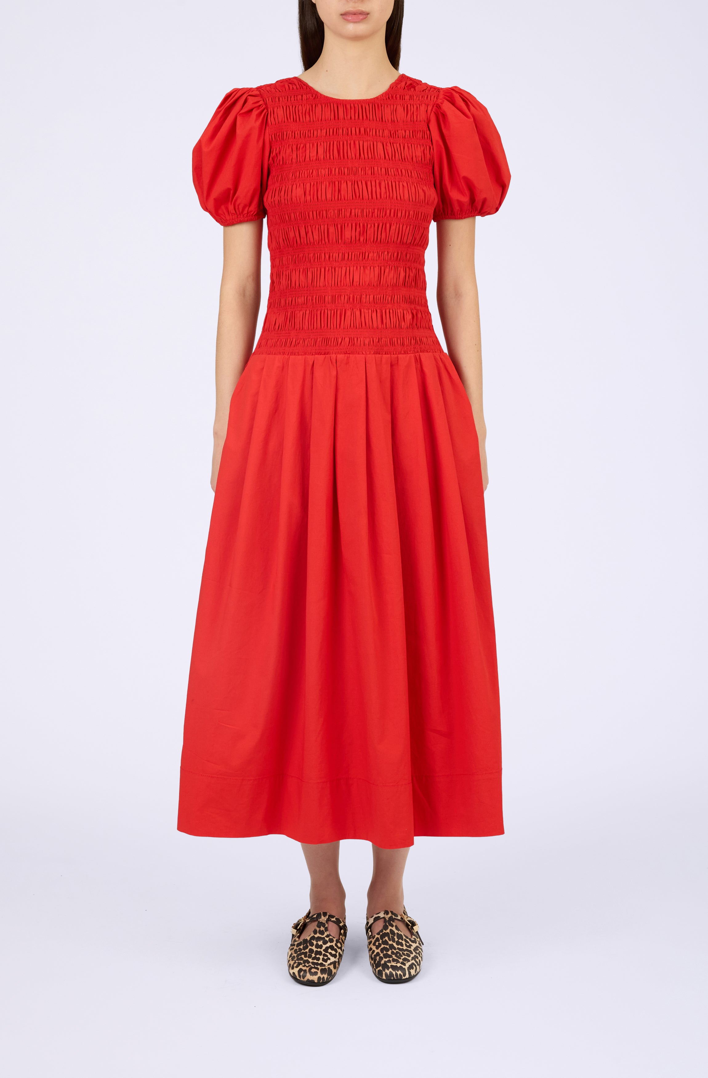 Stretch Cotton Long Smocked Pleated Dress