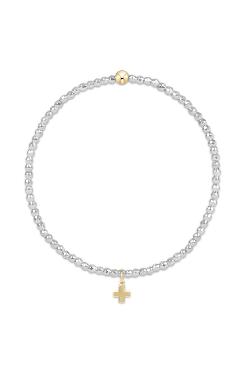 Bright Silver Faceted Hematite 2mm Bead Bracelet - Signature Cross Gold Charm