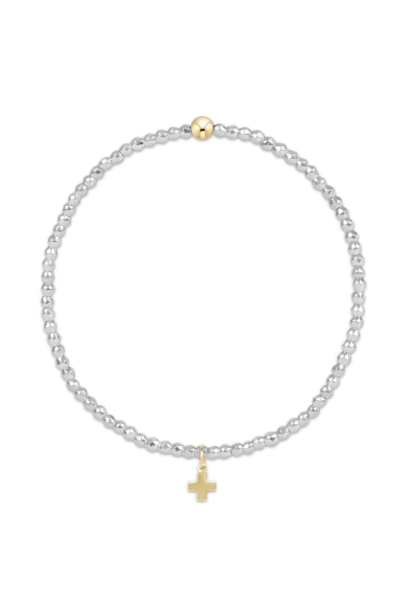 Bright Silver Faceted Hematite 2mm Bead Bracelet - Signature Cross Gold Charm
