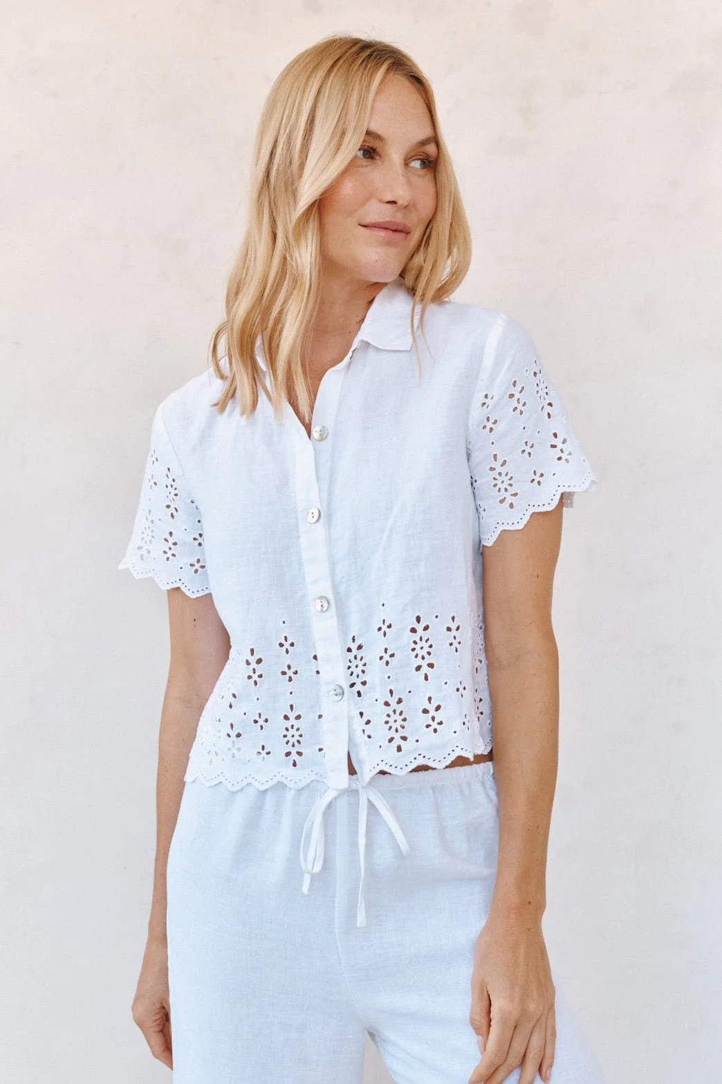 Short Sleeve Embroidered Button Down White
