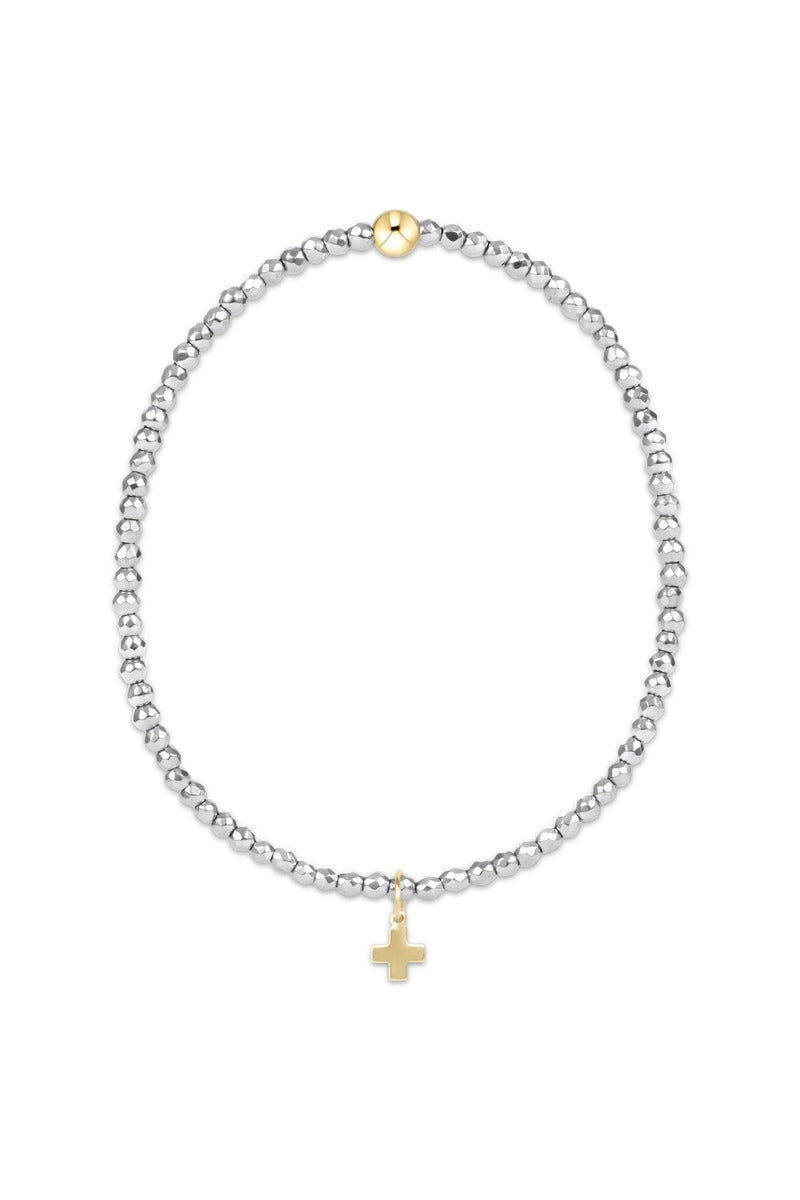 Silver Faceted Hematite 2mm Bead Bracelet - Signature Cross Gold Charm