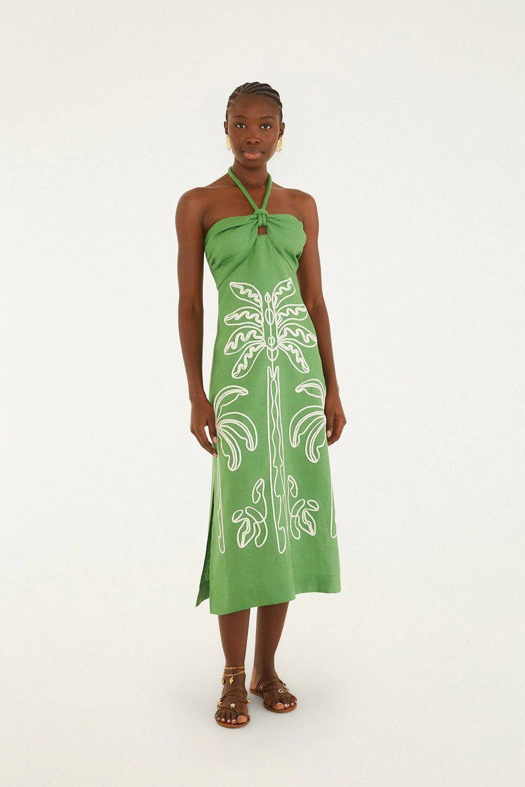 Green Palm Tree Embroidery Sleeveless Midi Dress