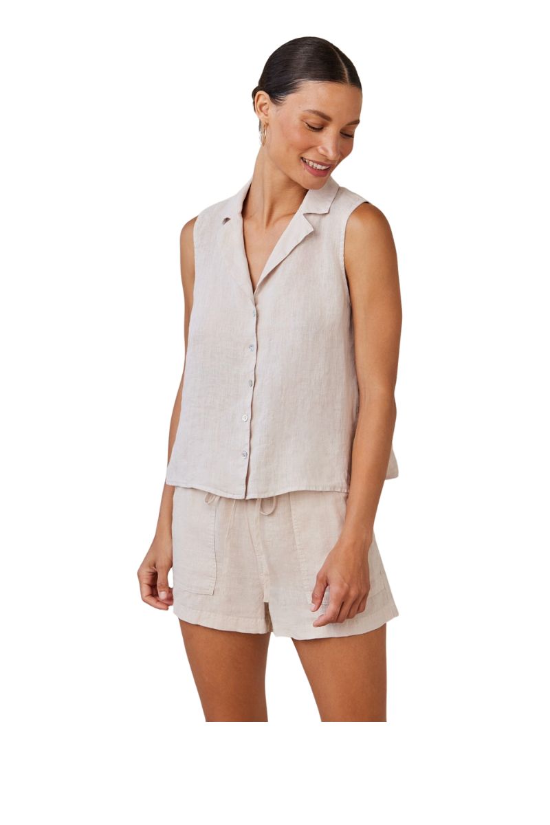 Sleeveless Notch Collar Button Down