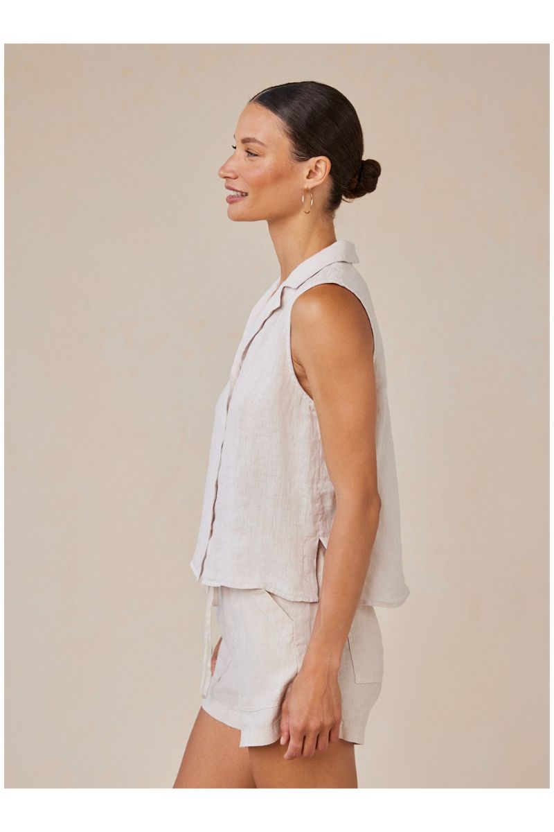 Sleeveless Notch Collar Button Down