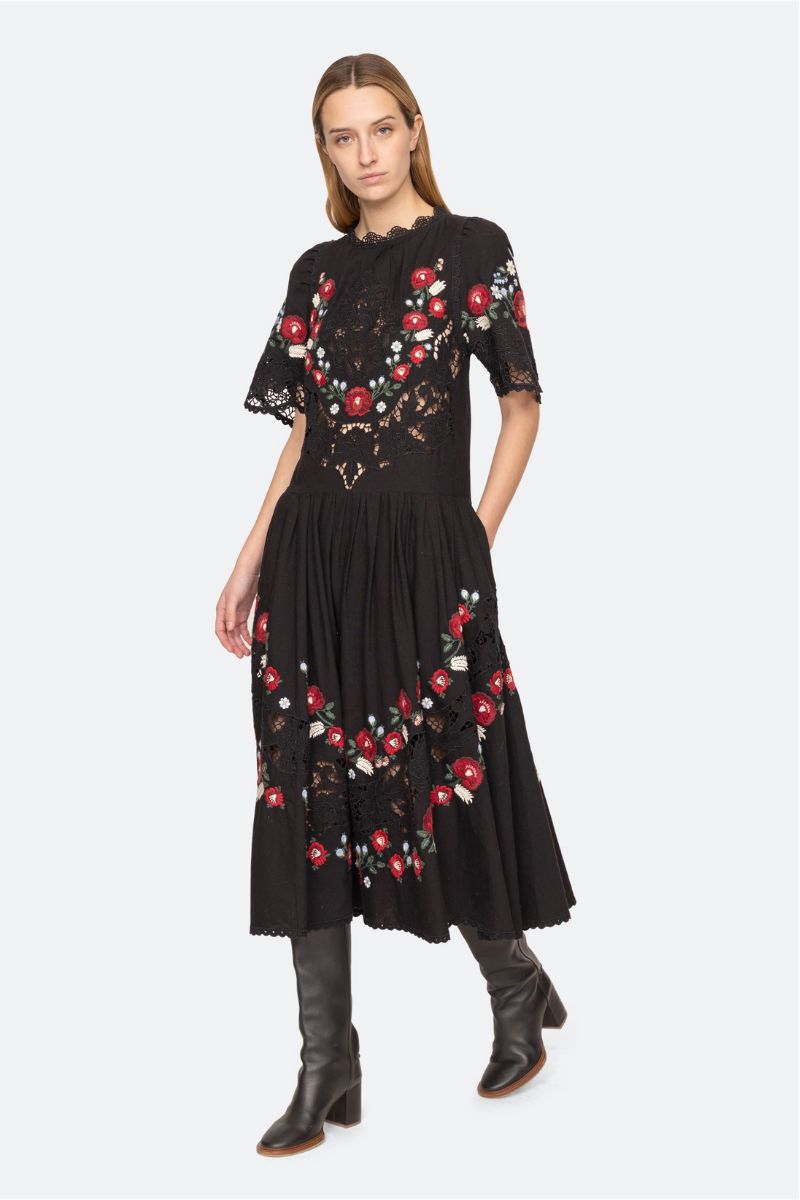 Rosaline Embroidery Short Sleeve Midi Dress