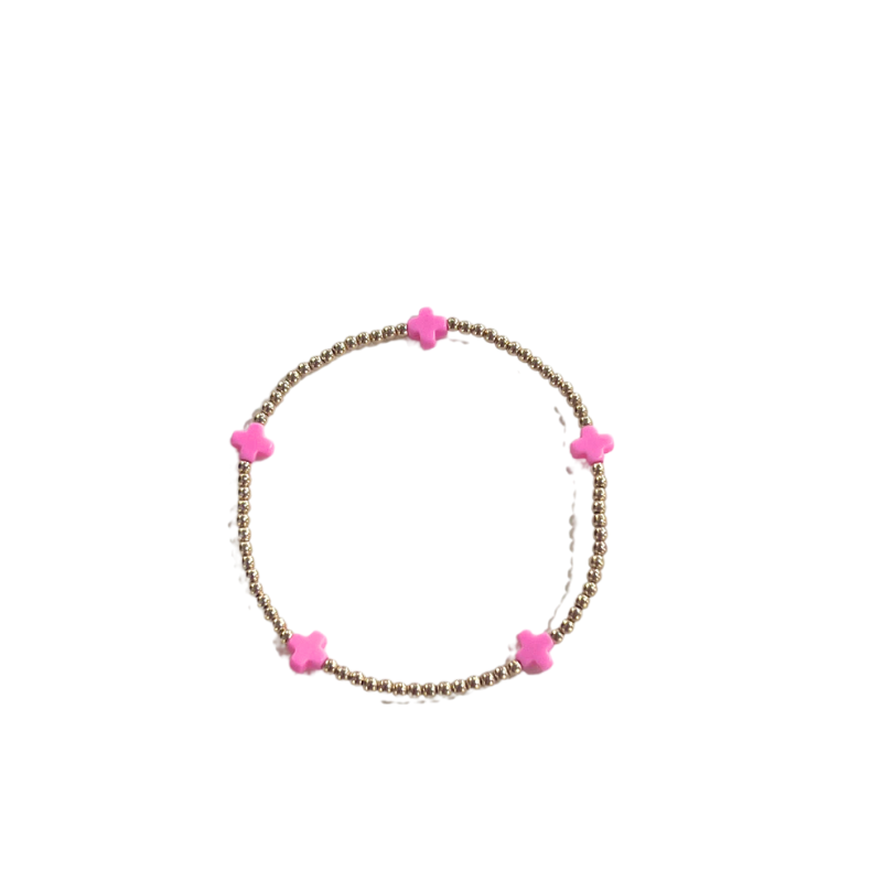 egirl Signature Cross Small Gold Pattern 2mm Bead Bracelet - Bright Pink