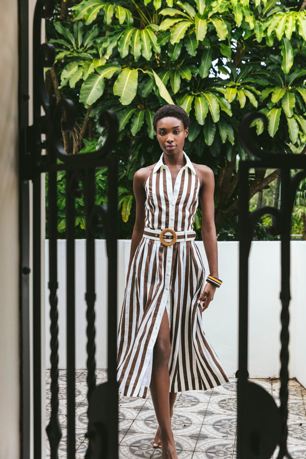 Cara Cara Quentin Striped Halter Belted Midi Dress