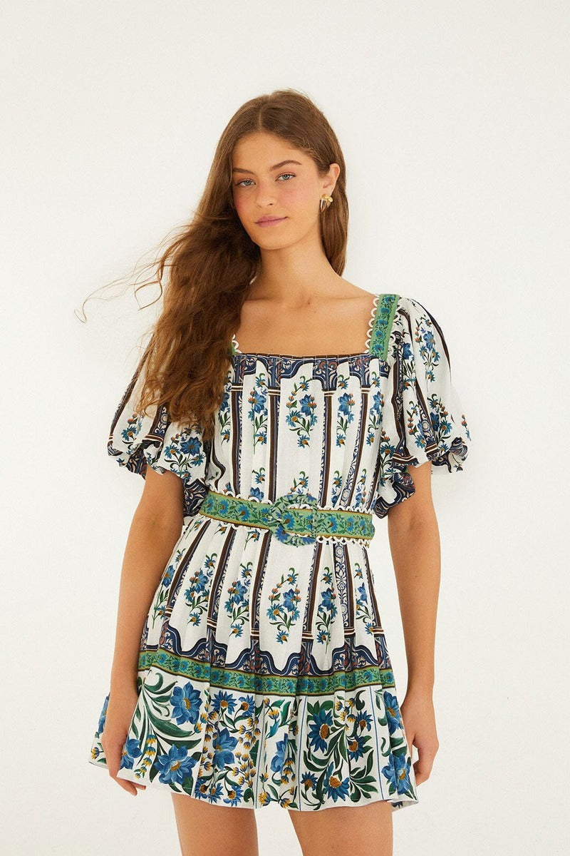 Farm Rio Manoela Off-White Short Sleeve Belt Mini Dress | Heery's