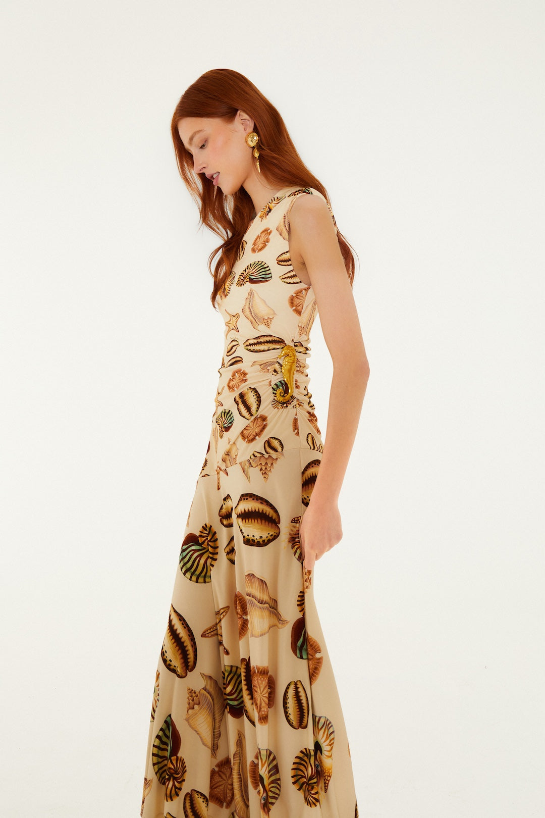 MARINE SHELLS SAND ONE SHOULDER MAXI DRESS