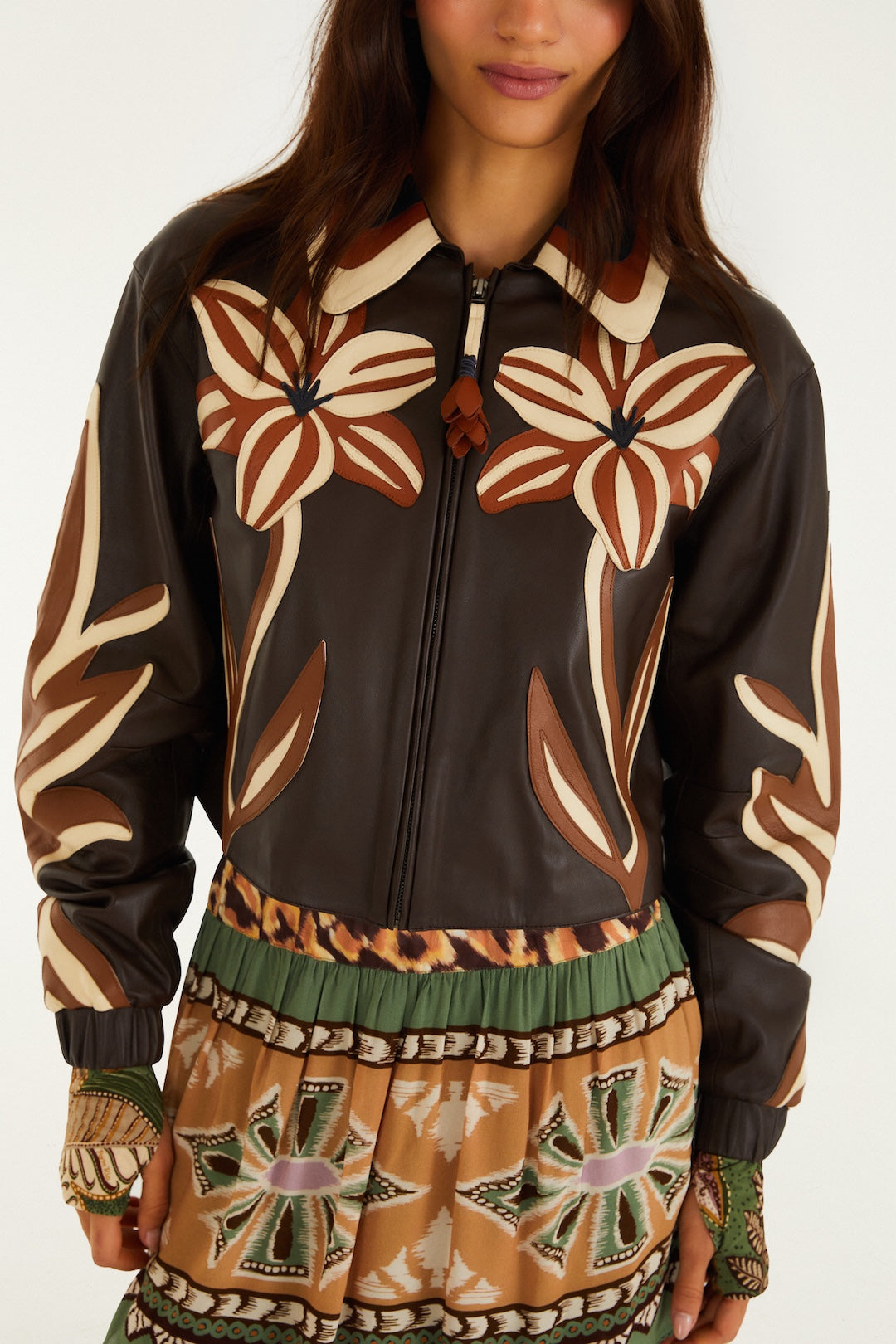 FLOWER CUTWORK BROWN LEATHER JACKET