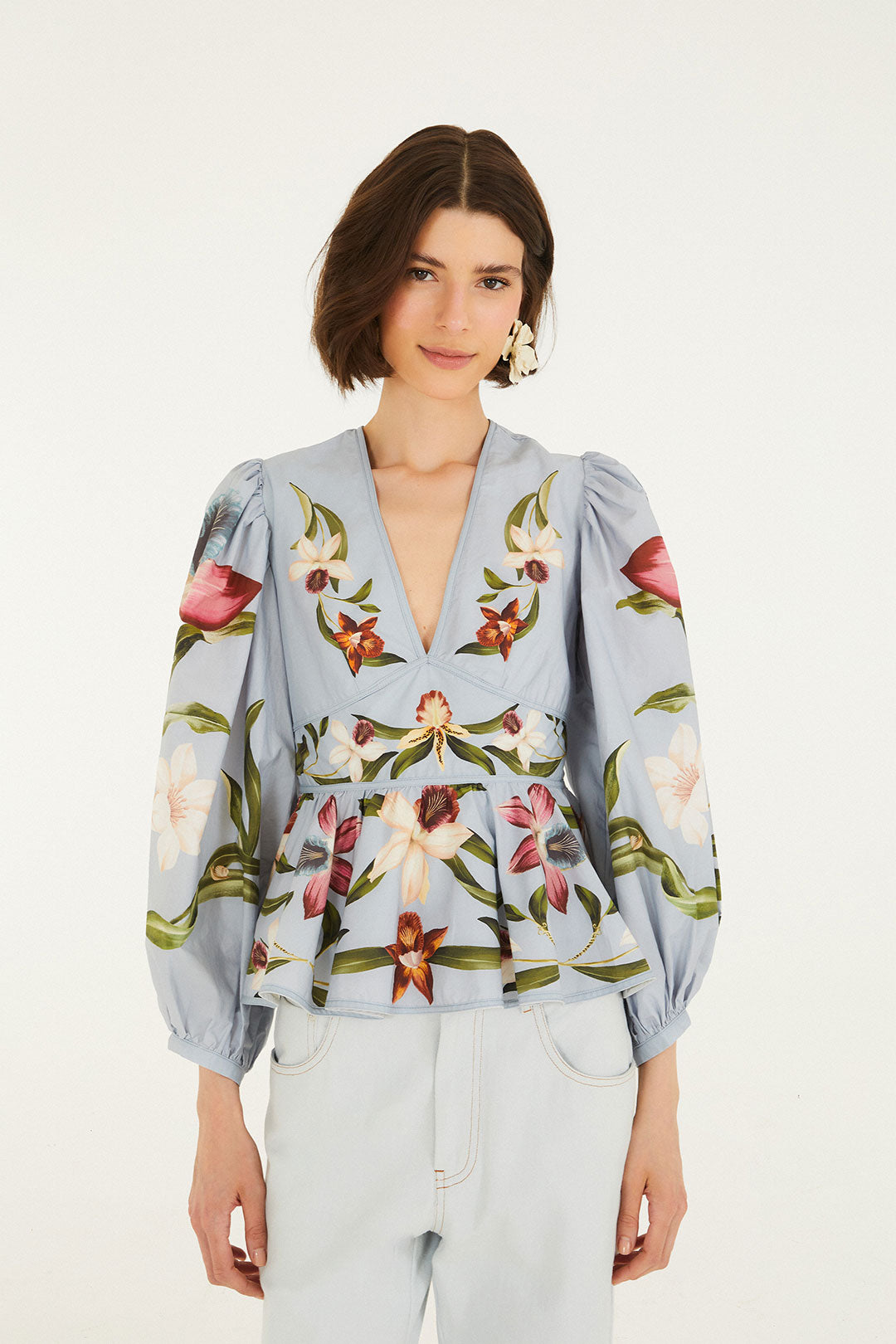 FLOWERS JUNGLE SOFT BLUE BLOUSE