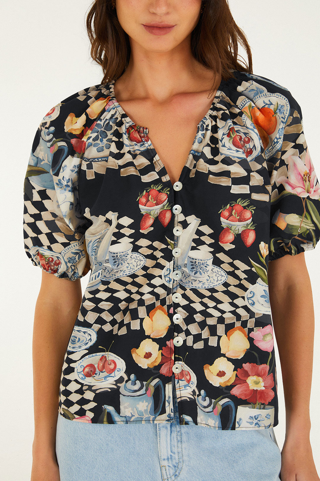 TEA TIME BLACK SHORT SLEEVE BLOUSE