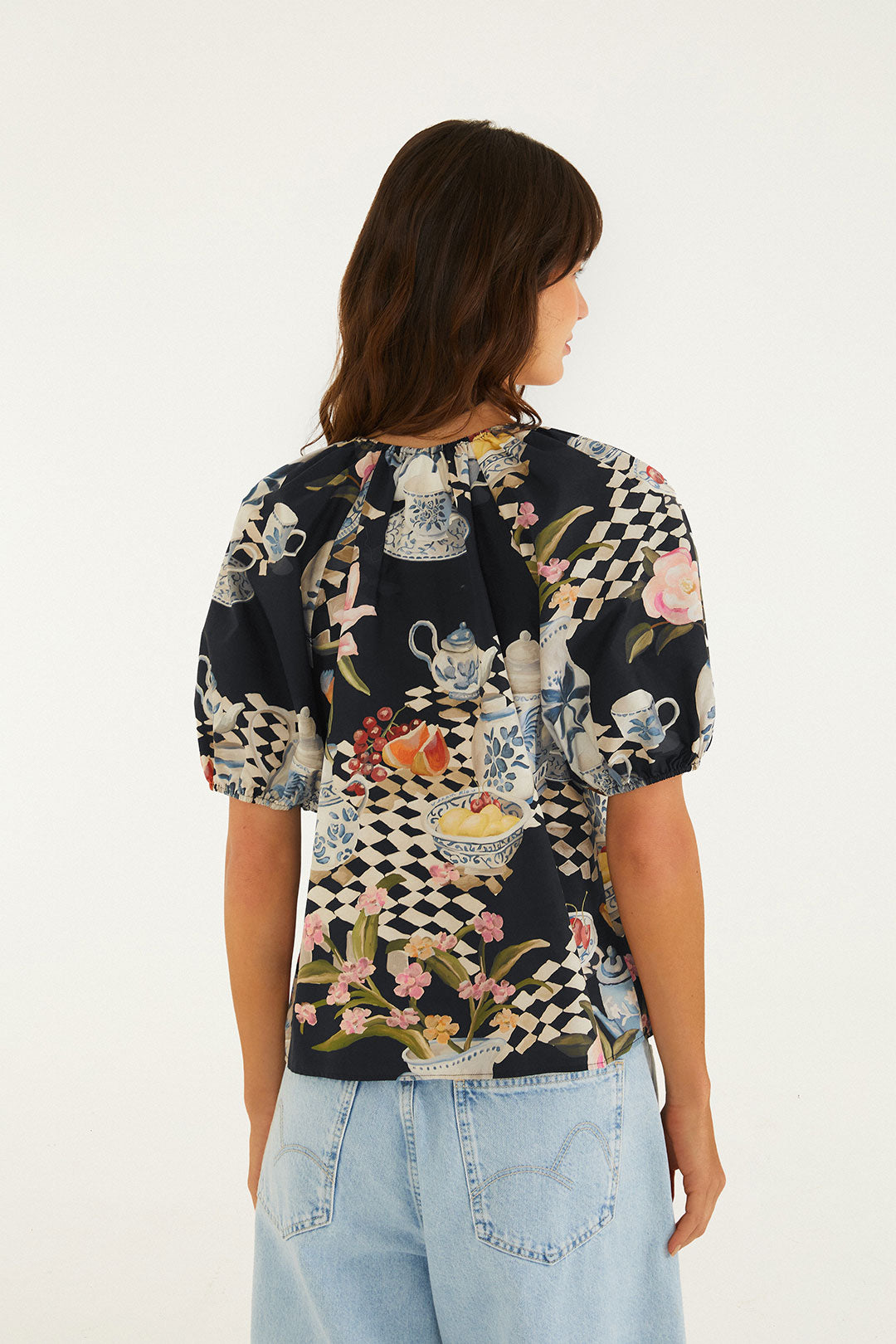TEA TIME BLACK SHORT SLEEVE BLOUSE