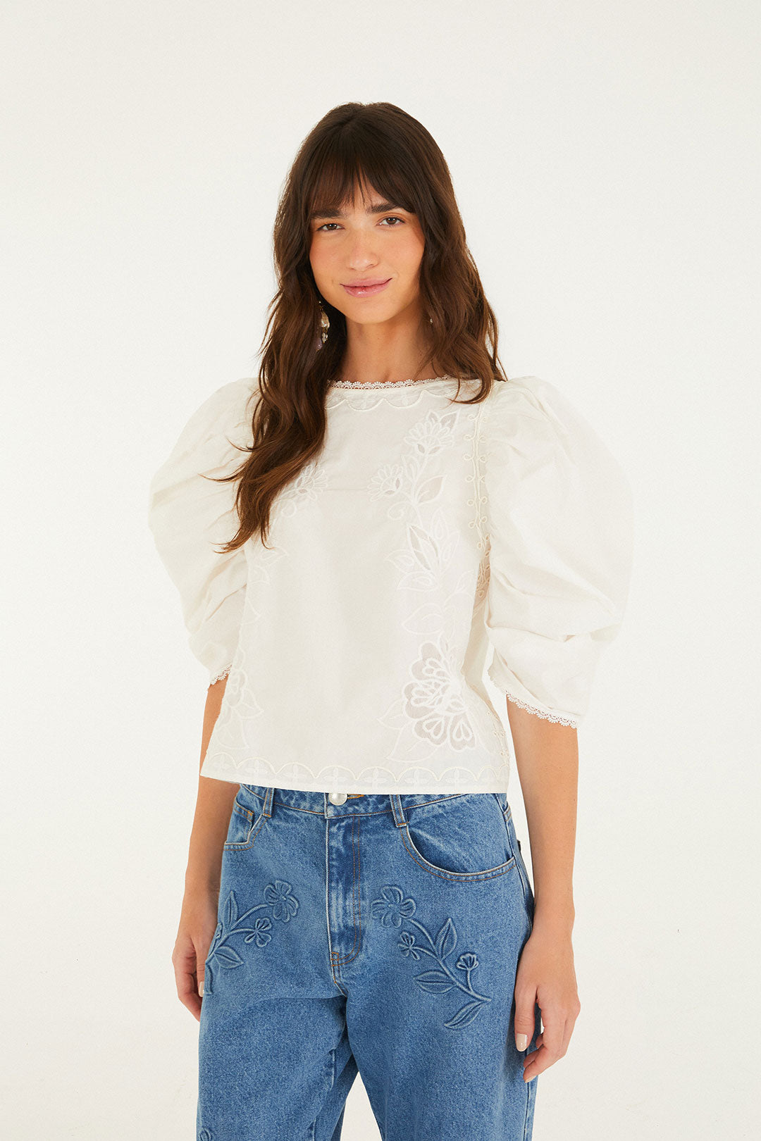 WHITE EMBROIDERY SHORT SLEEVE BLOUSE
