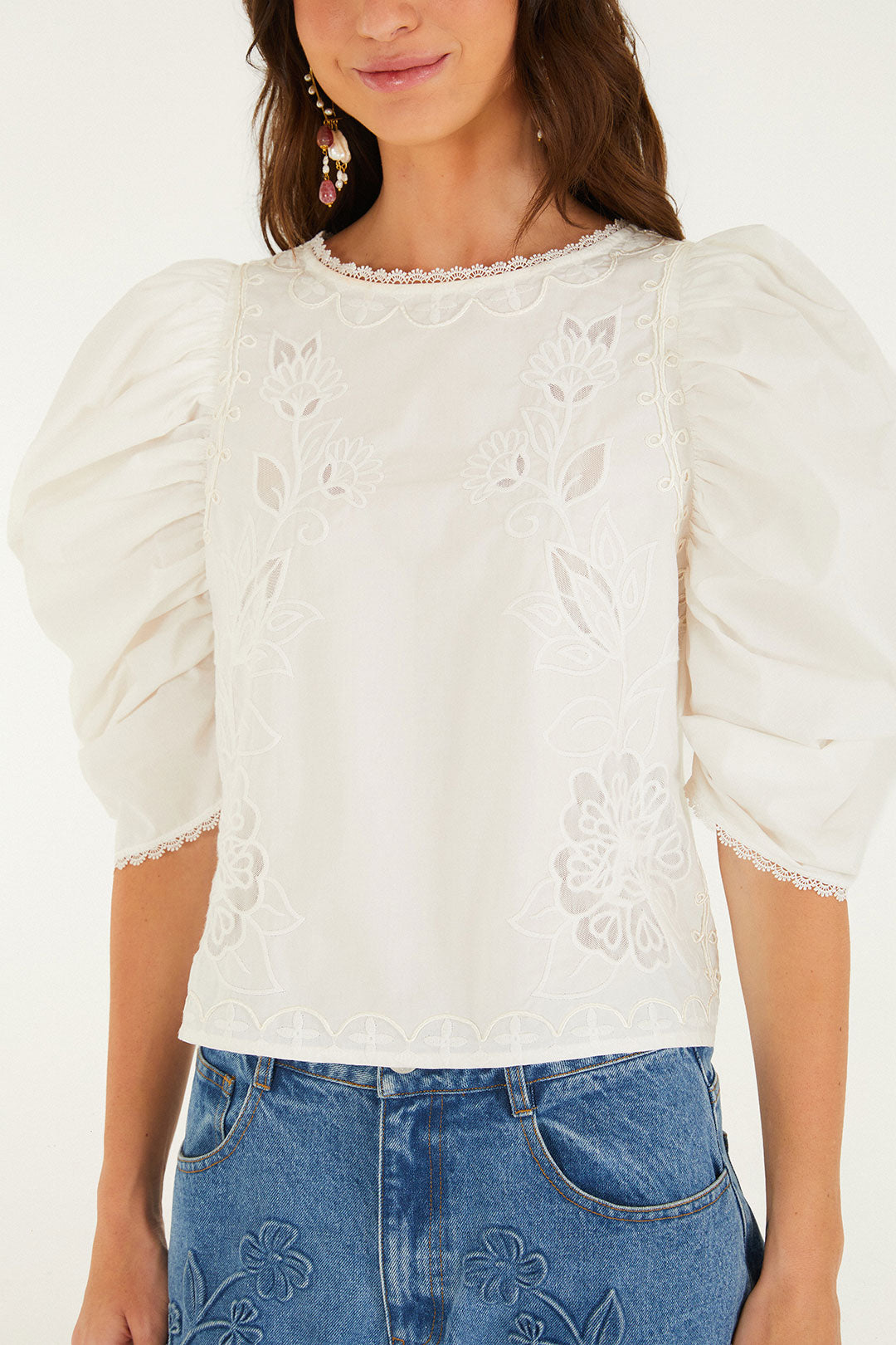 WHITE EMBROIDERY SHORT SLEEVE BLOUSE