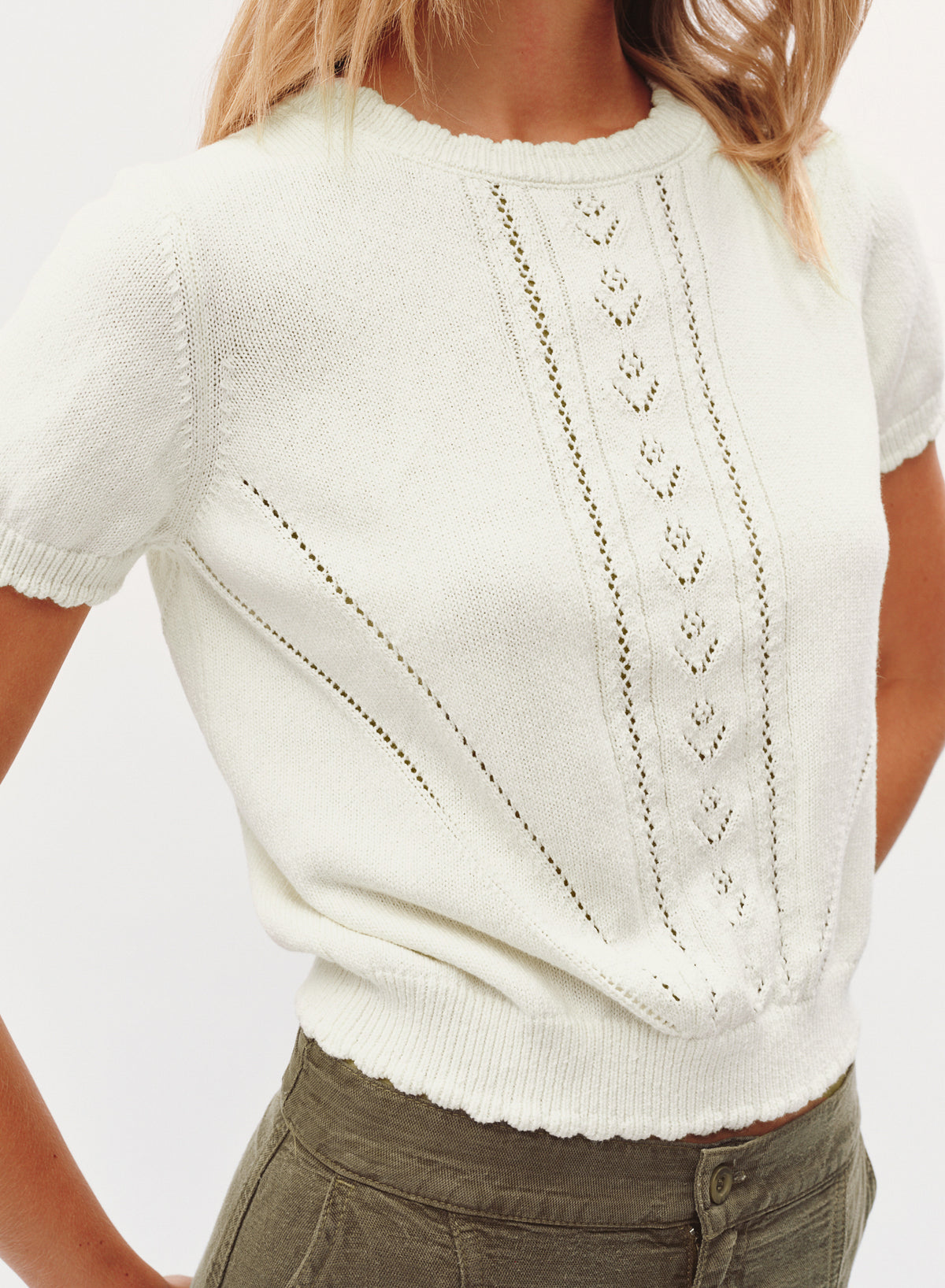 B20578-N66-302 - POINTELLE DETAIL SHORT SLEEVE KNIT TOP