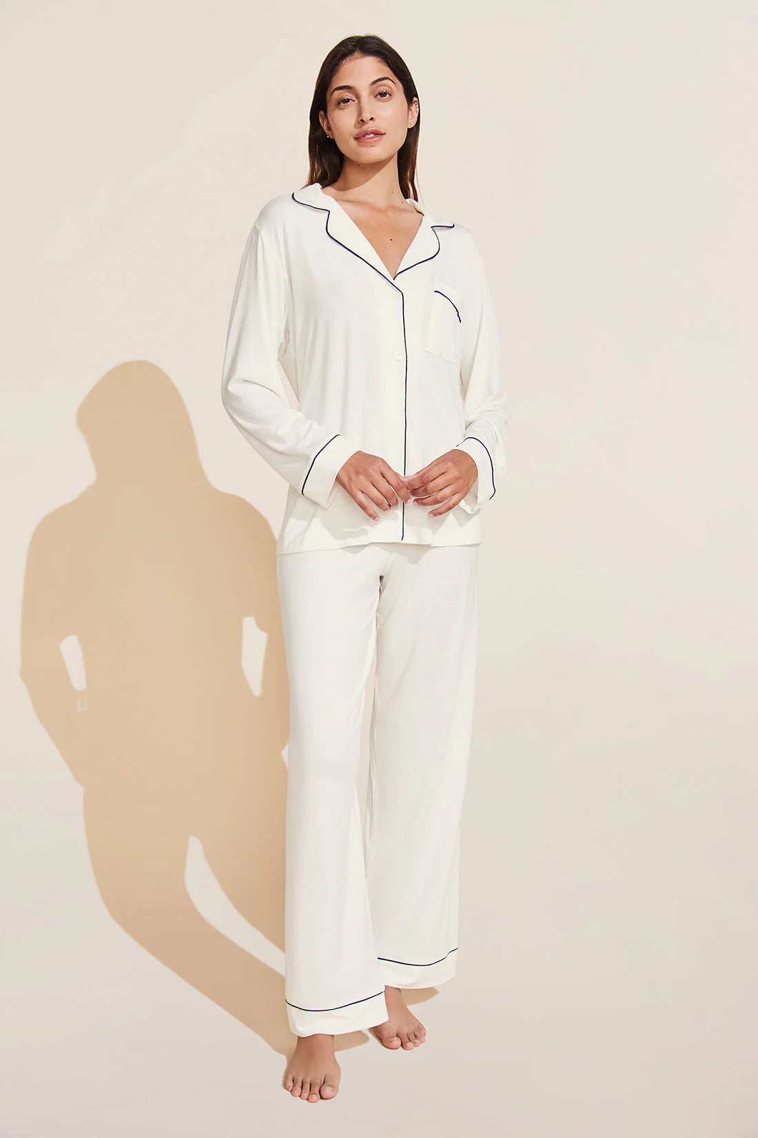 Eberjey - Pure Ivory/Navy Gisele Long PJ Set