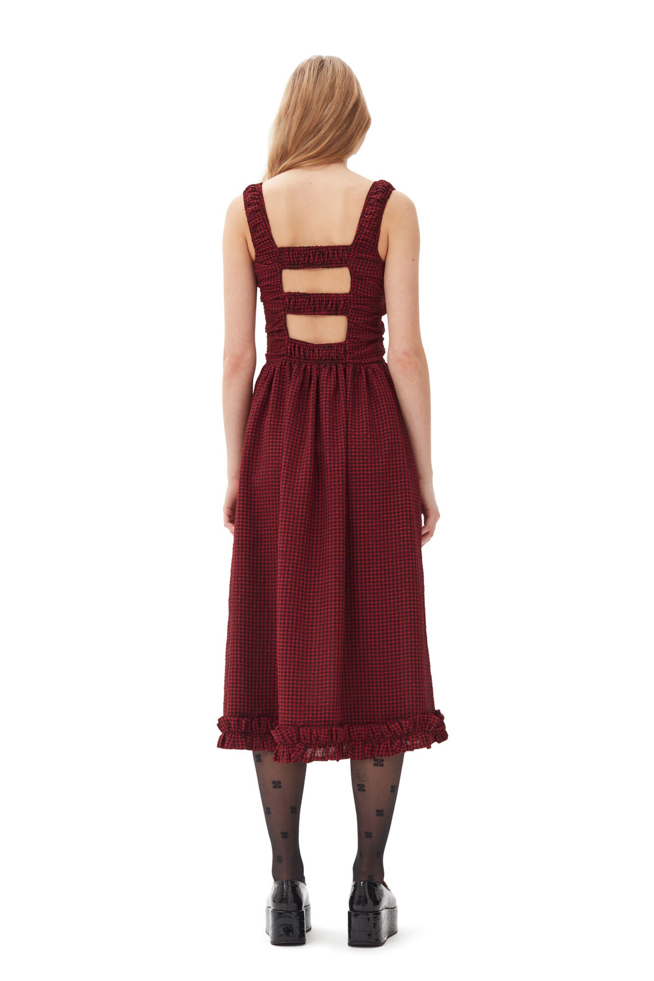 Sheer Fluid Check Midi Strap Smock Dress