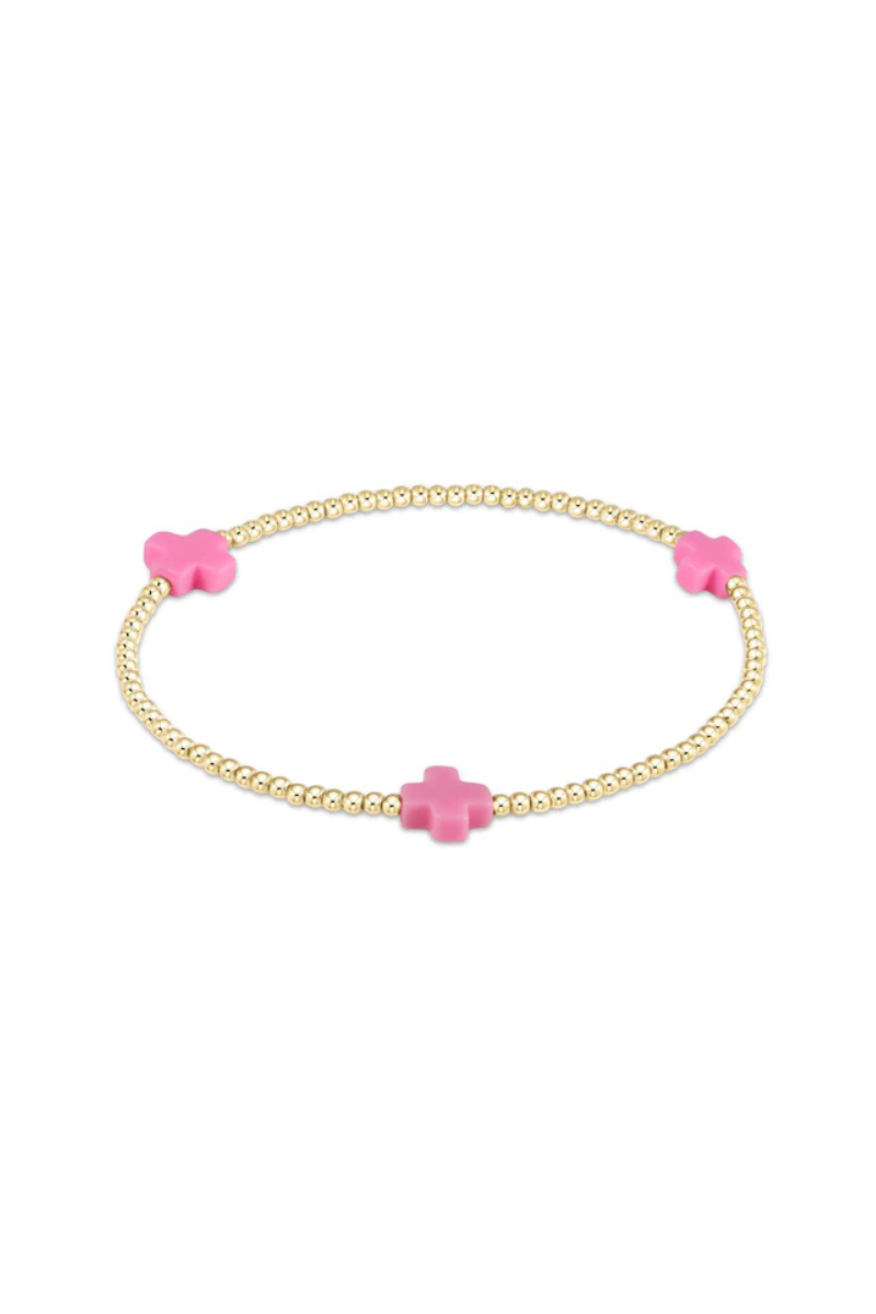 Signature Cross Gold Pattern 2mm Bead Bracelet - Bright Pink