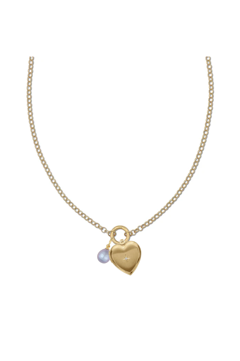 Percy Clip Heart Locket & Gray Pearl Charm Necklace