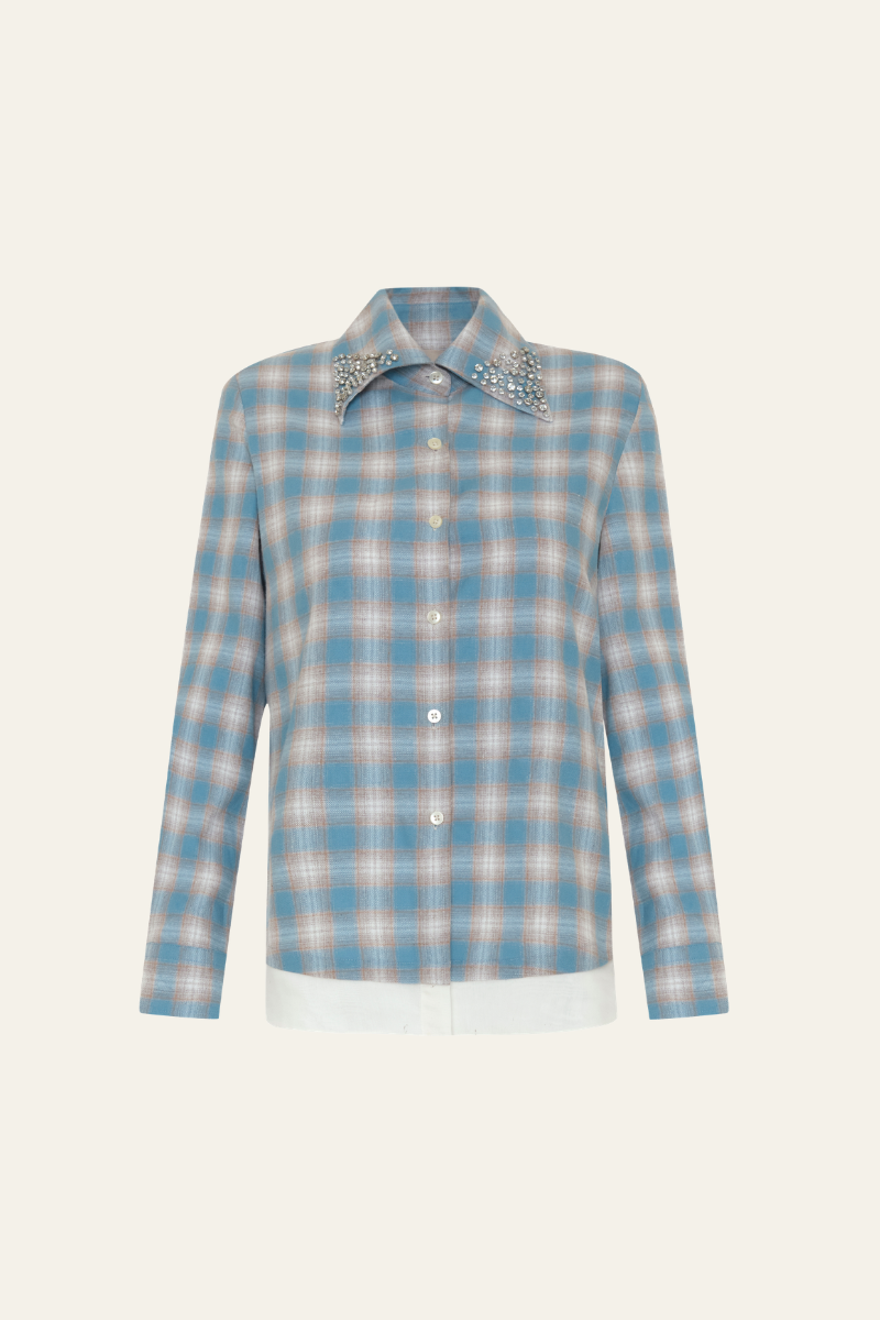 Europa Plaid Flannel Beaded Collar Shirt