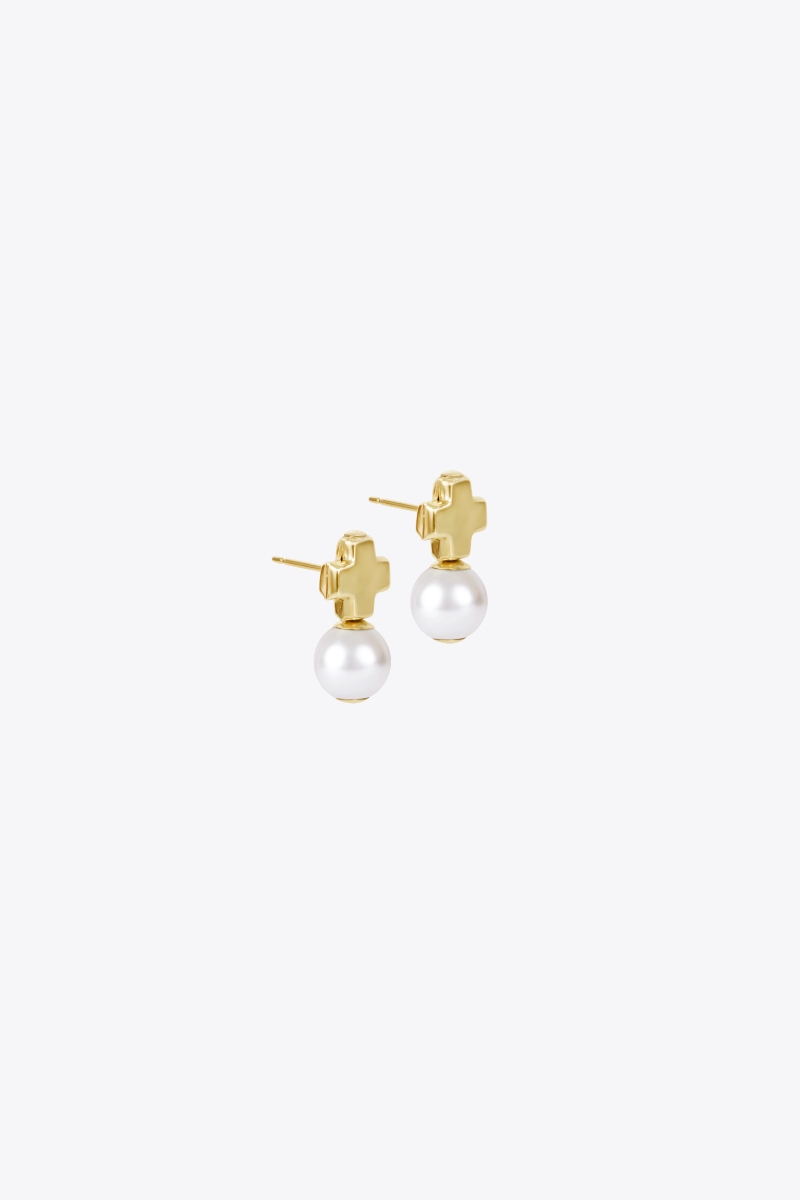 Signature Cross Small Gold Stud - Classic Pearl