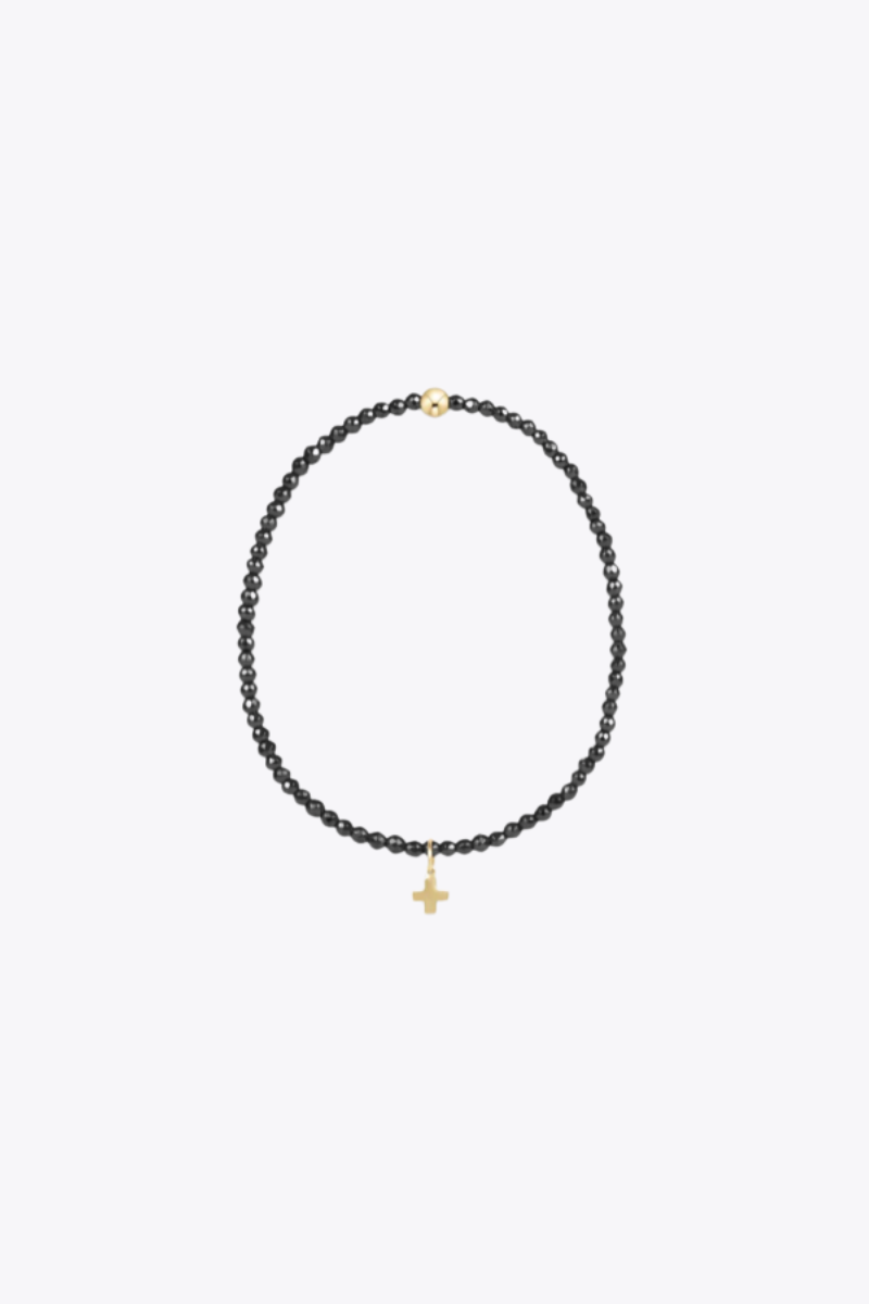 Faceted Hematite 2mm  Bead Bracelet - Signature Cross  Gold Charm