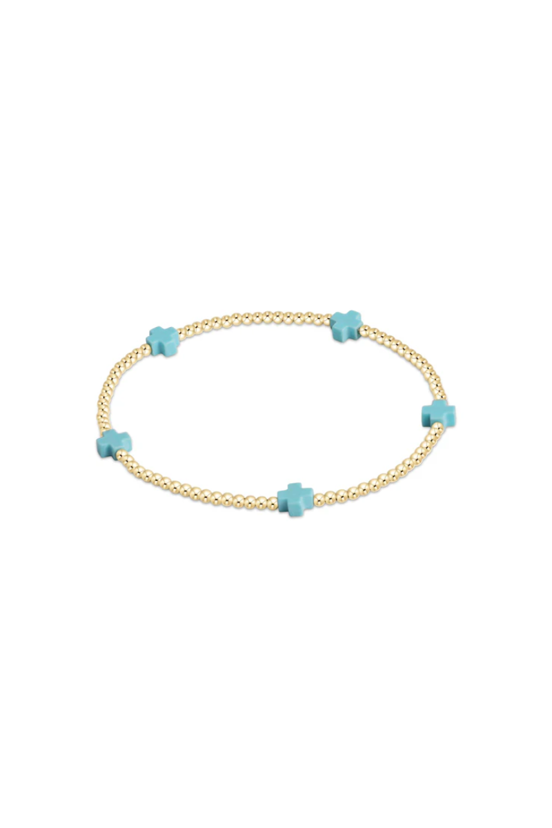 Signature Cross Small Gold pattern 2mm Bead Bracelet - Turquoise