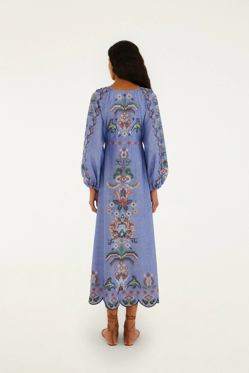 Woman Farm Rio Blue Linen Long Sleeve Midi DressFarm Rio - SS26