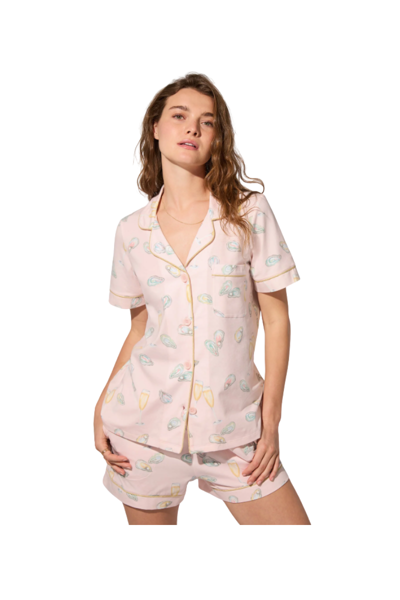 Oyster and Champagne Short Sleeve Classic Shorty Stretch Jersey PJ Set