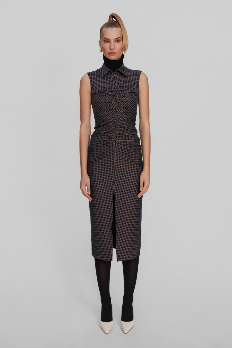 Moirai Dot Jacquard Ruched Dress